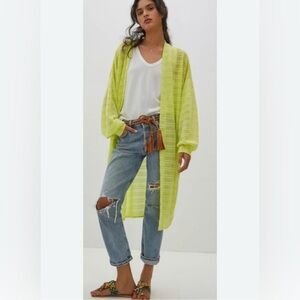 Anthropologie Astrid Open Knit Kimono Cardigan Neon Yellow Green One Size EUC